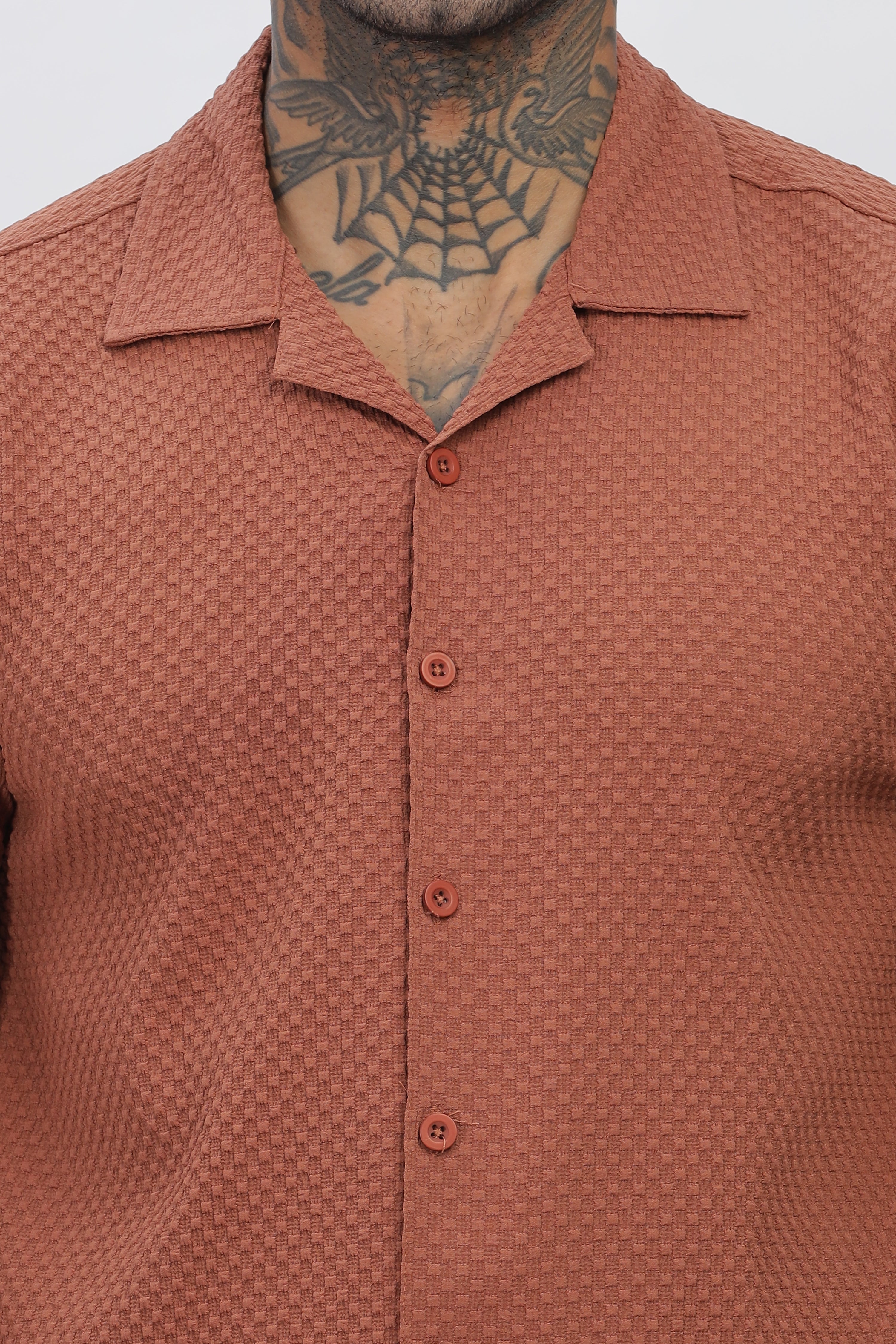 Rust Cuban Collar Men's Shirt - Regular Fit, Half Sleeves, Popcorn Design