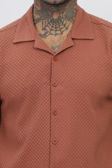 Rust Cuban Collar Men's Shirt - Regular Fit, Half Sleeves, Popcorn Design
