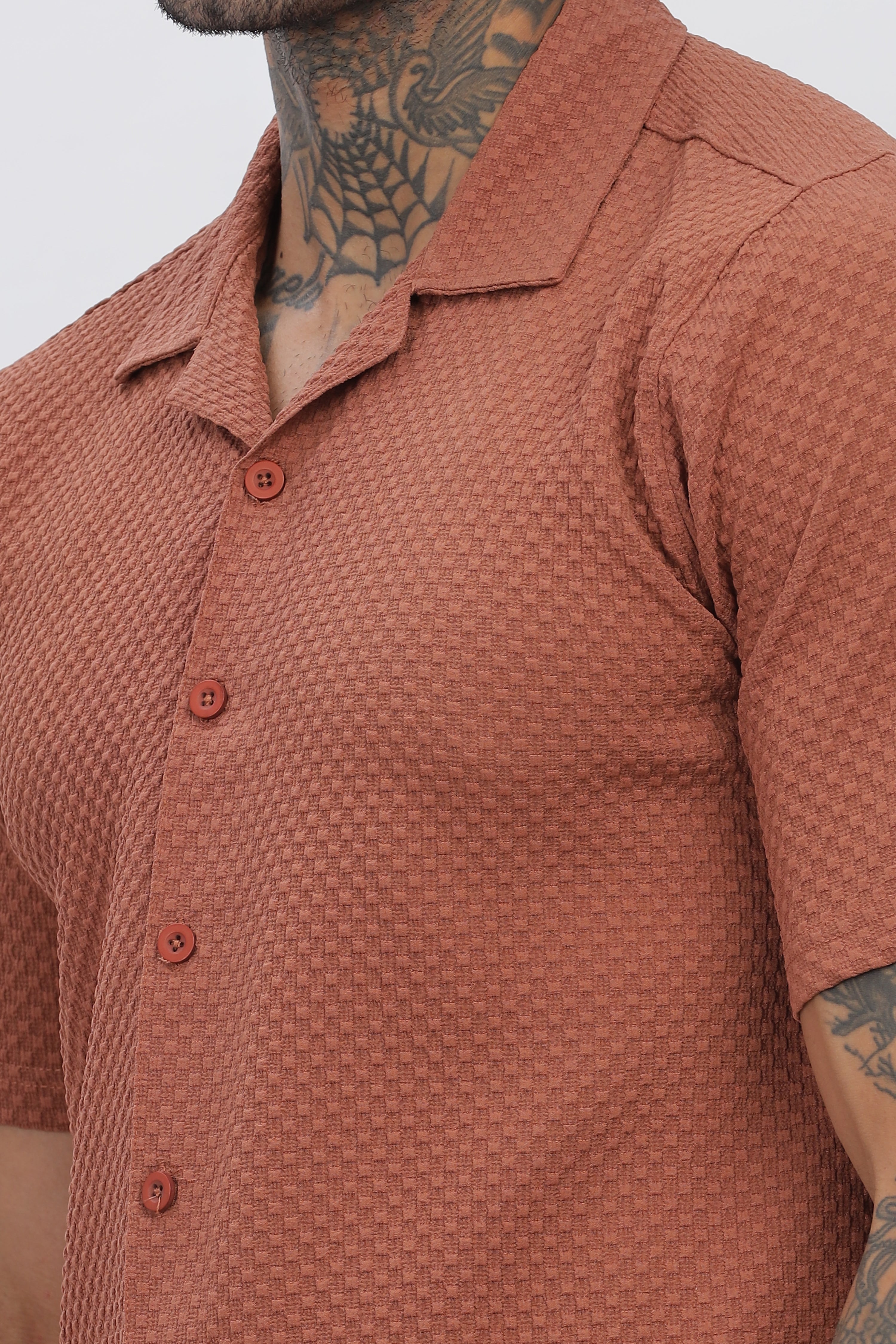 Rust Cuban Collar Men's Shirt - Regular Fit, Half Sleeves, Popcorn Design