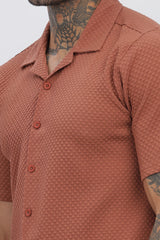 Rust Cuban Collar Men's Shirt - Regular Fit, Half Sleeves, Popcorn Design