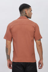 Rust Cuban Collar Men's Shirt - Regular Fit, Half Sleeves, Popcorn Design