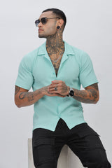 Sea-Green Cuban Collar Half Sleeve Popcorn Men's Shirt - Stylish & Comfortable