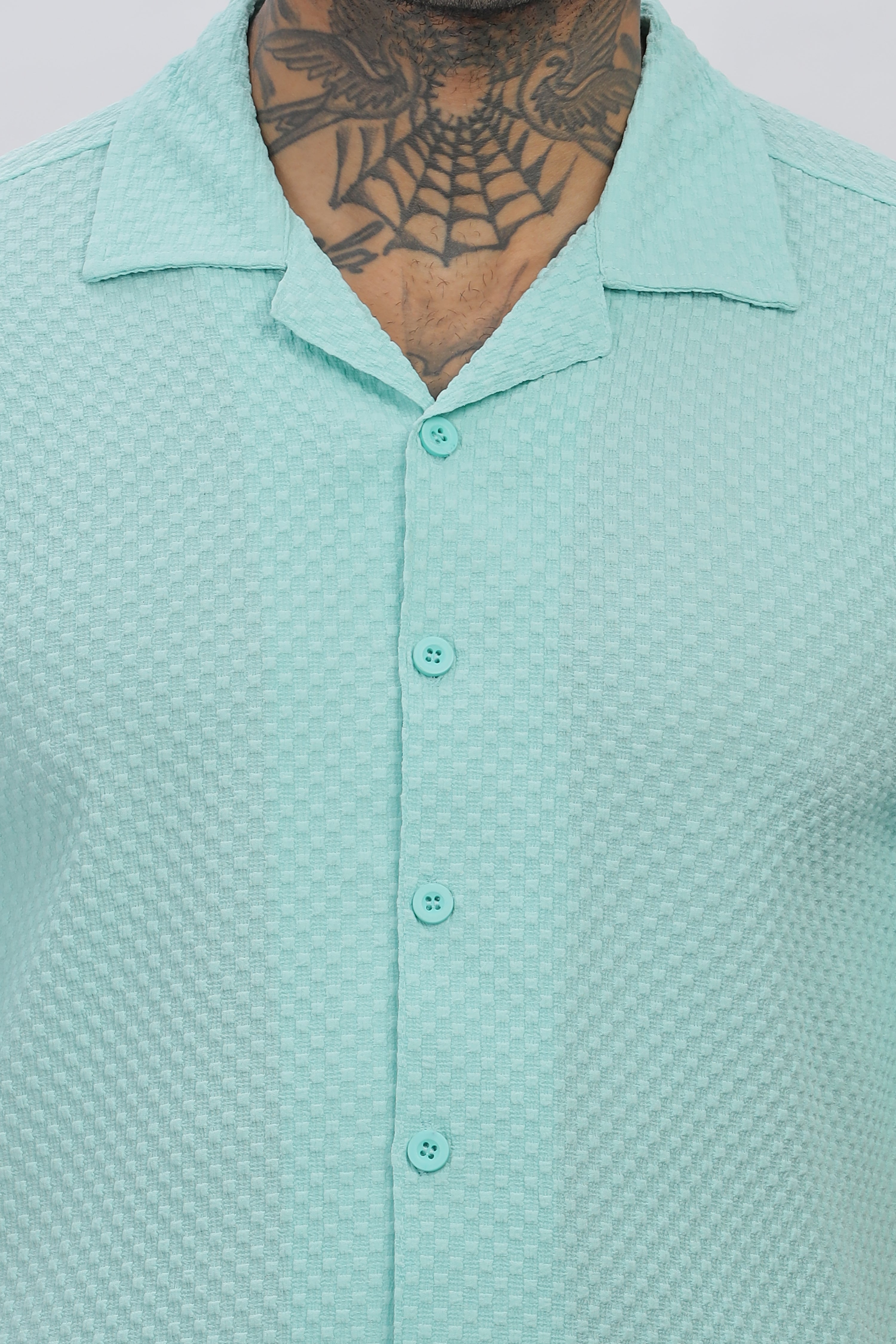 Sea-Green Cuban Collar Half Sleeve Popcorn Men's Shirt - Stylish & Comfortable
