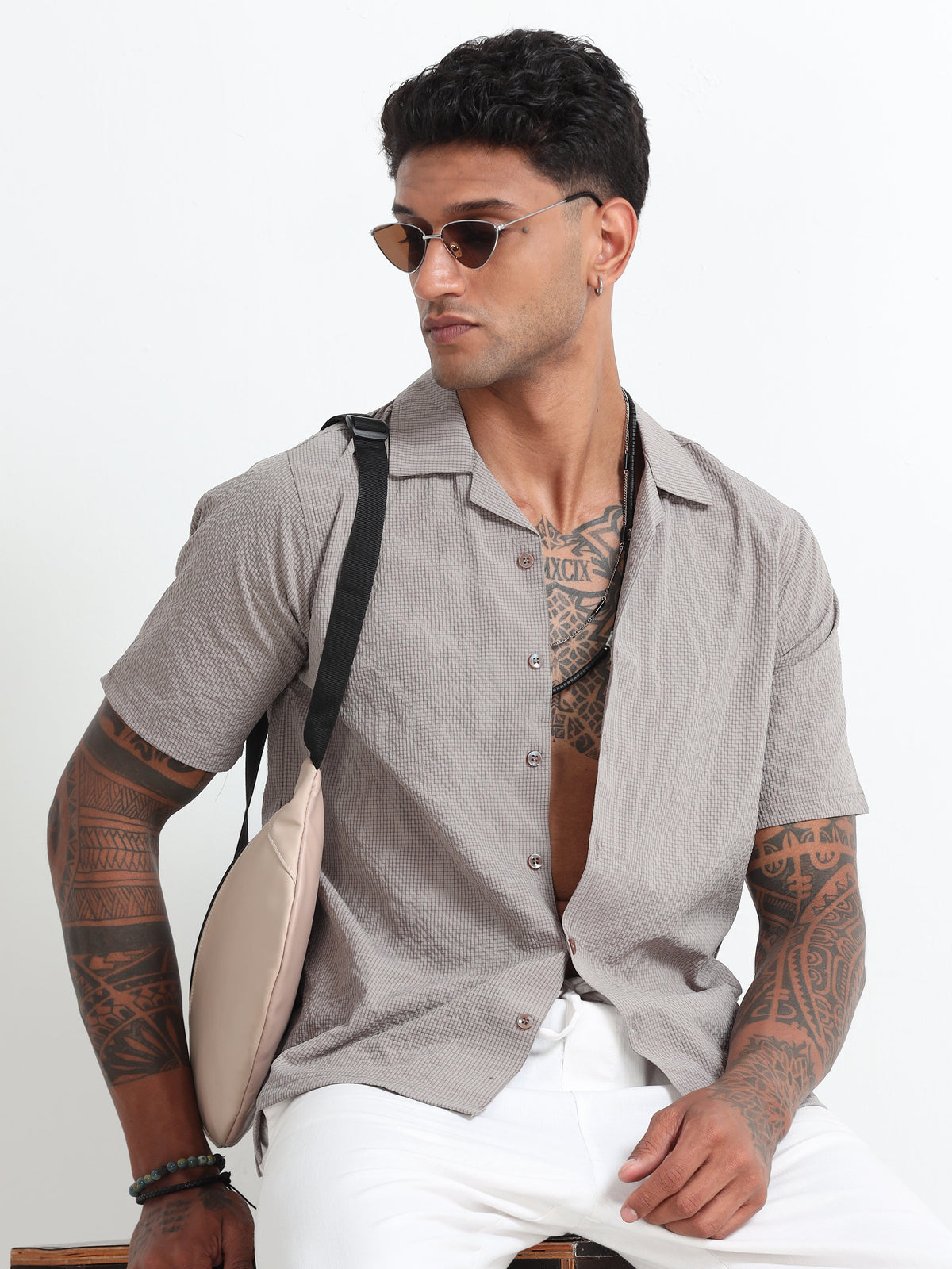 Stylish Beige Cuban Collar Men's Shirt - Half Sleeves Cotton Blend Regular Fit