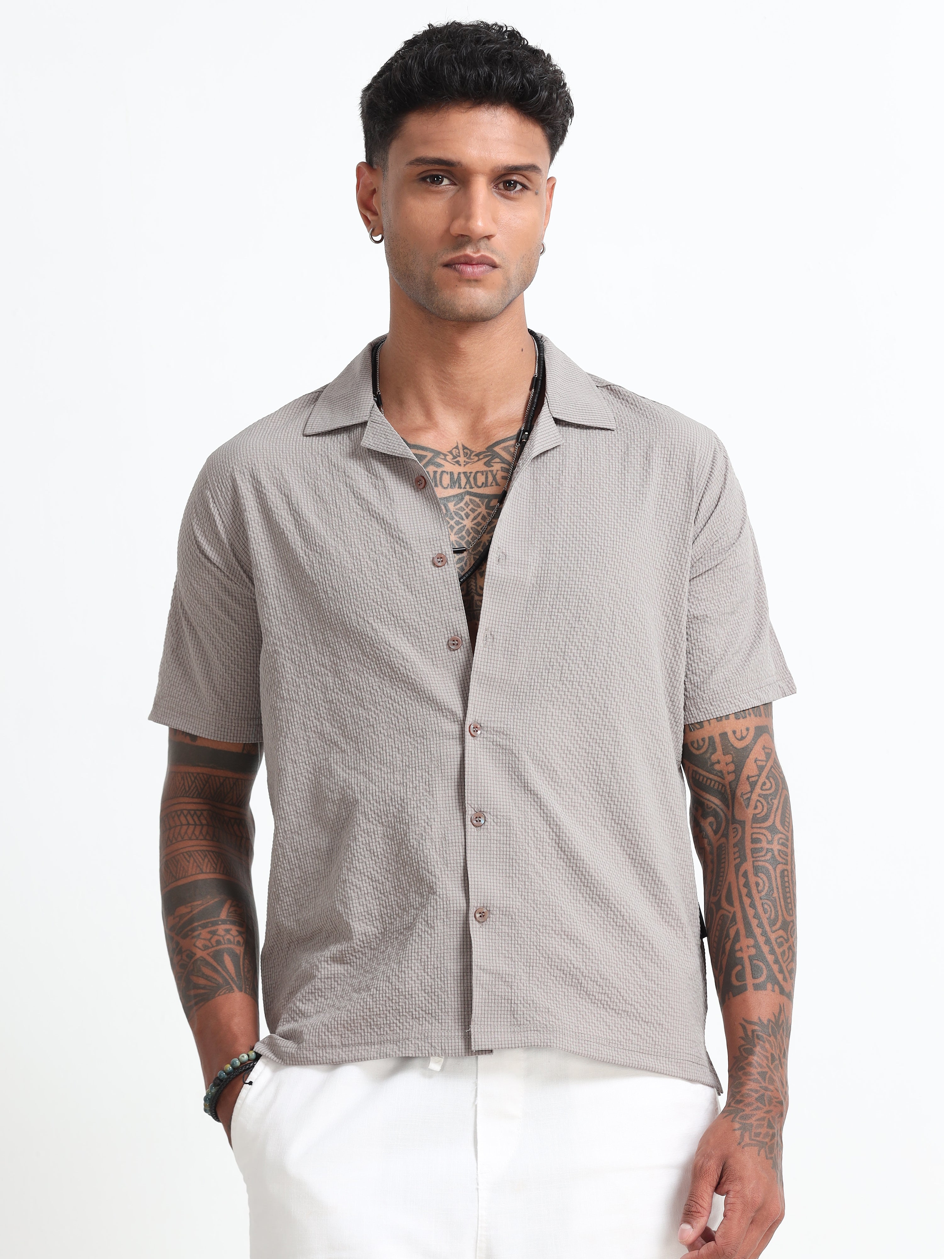 Stylish Beige Cuban Collar Men's Shirt - Half Sleeves Cotton Blend Regular Fit