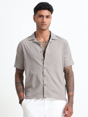 Stylish Beige Cuban Collar Men's Shirt - Half Sleeves Cotton Blend Regular Fit