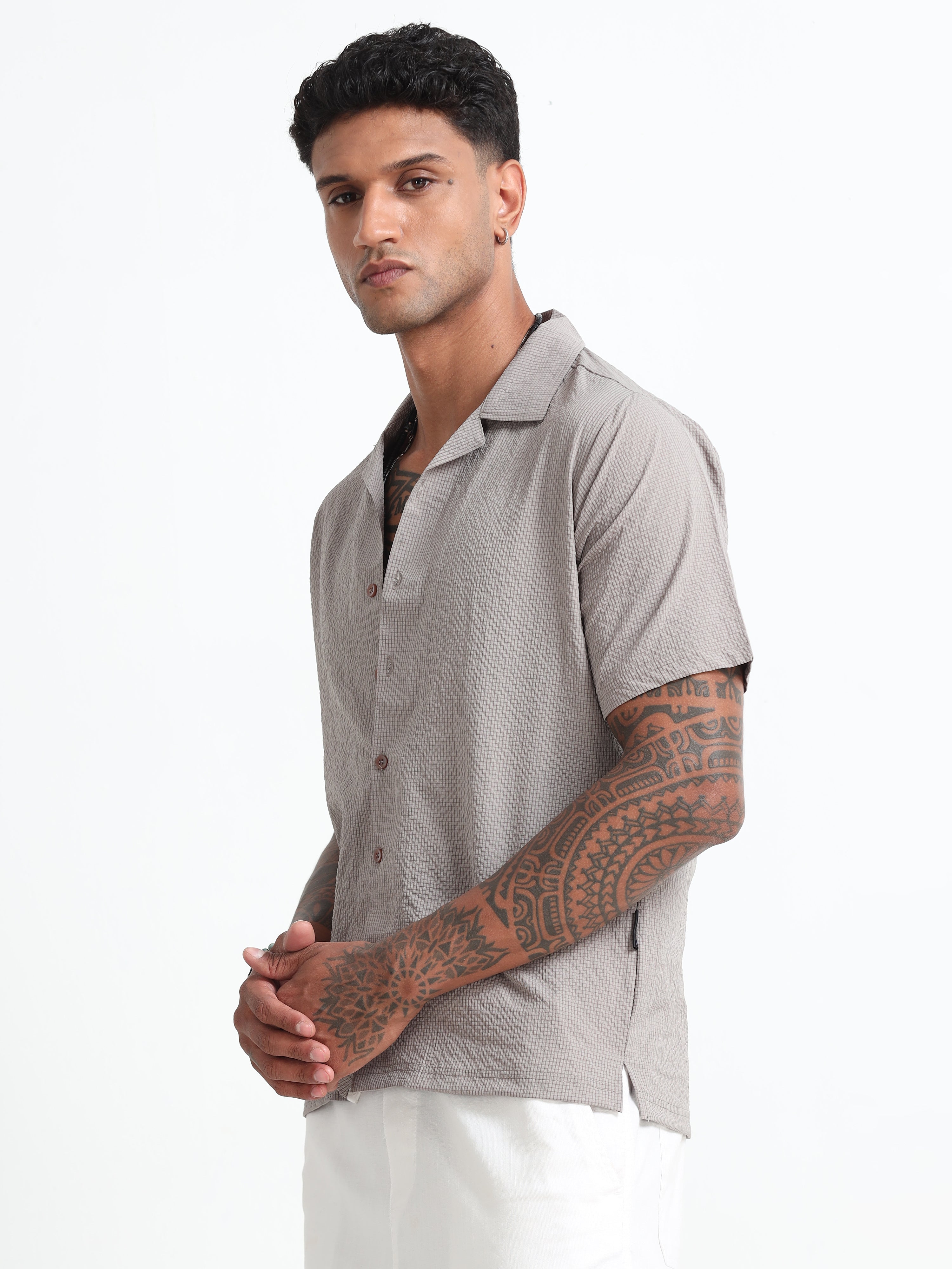 Stylish Beige Cuban Collar Men's Shirt - Half Sleeves Cotton Blend Regular Fit