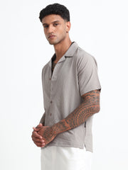 Stylish Beige Cuban Collar Men's Shirt - Half Sleeves Cotton Blend Regular Fit