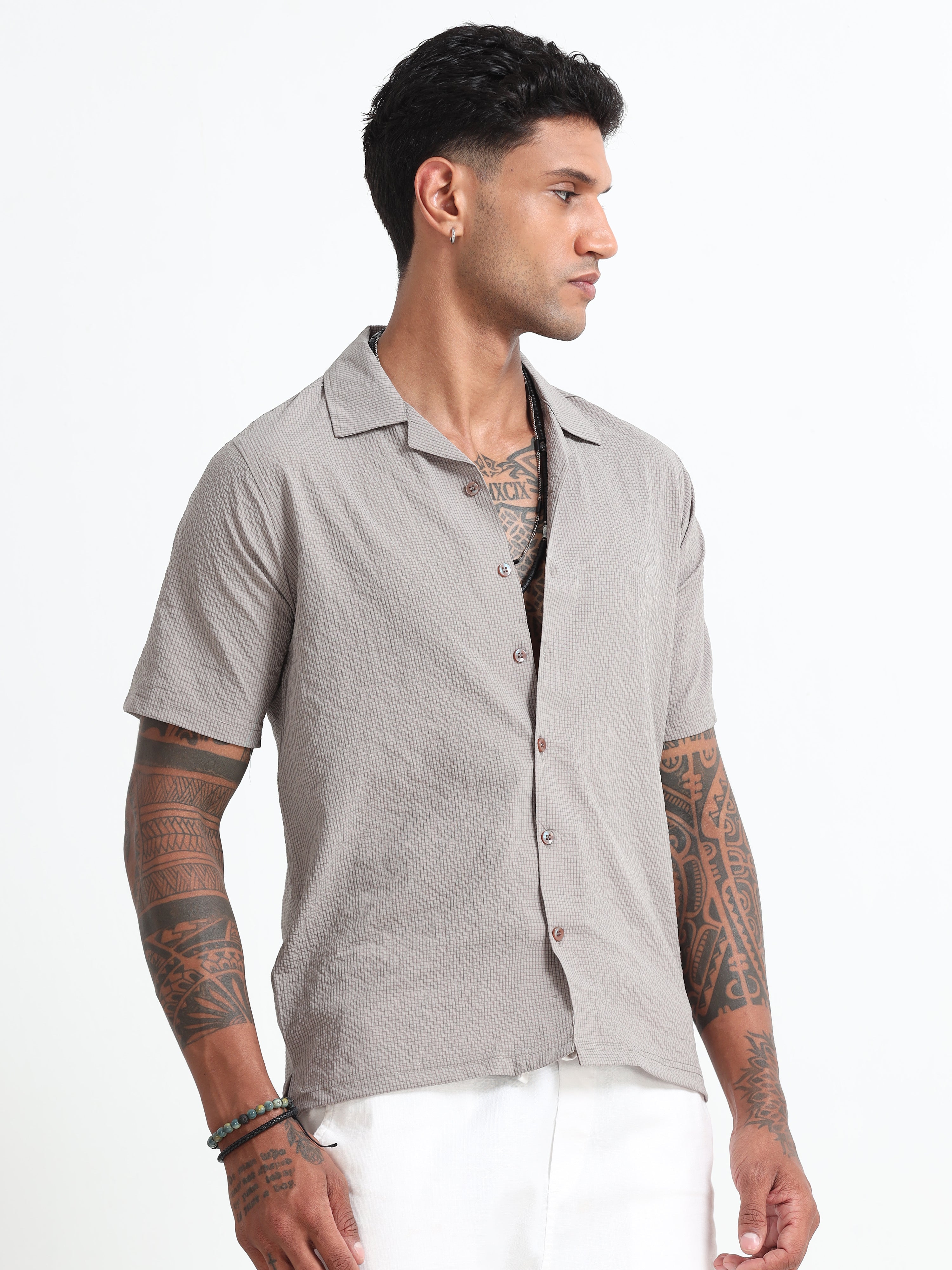 Stylish Beige Cuban Collar Men's Shirt - Half Sleeves Cotton Blend Regular Fit