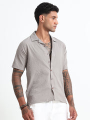 Stylish Beige Cuban Collar Men's Shirt - Half Sleeves Cotton Blend Regular Fit