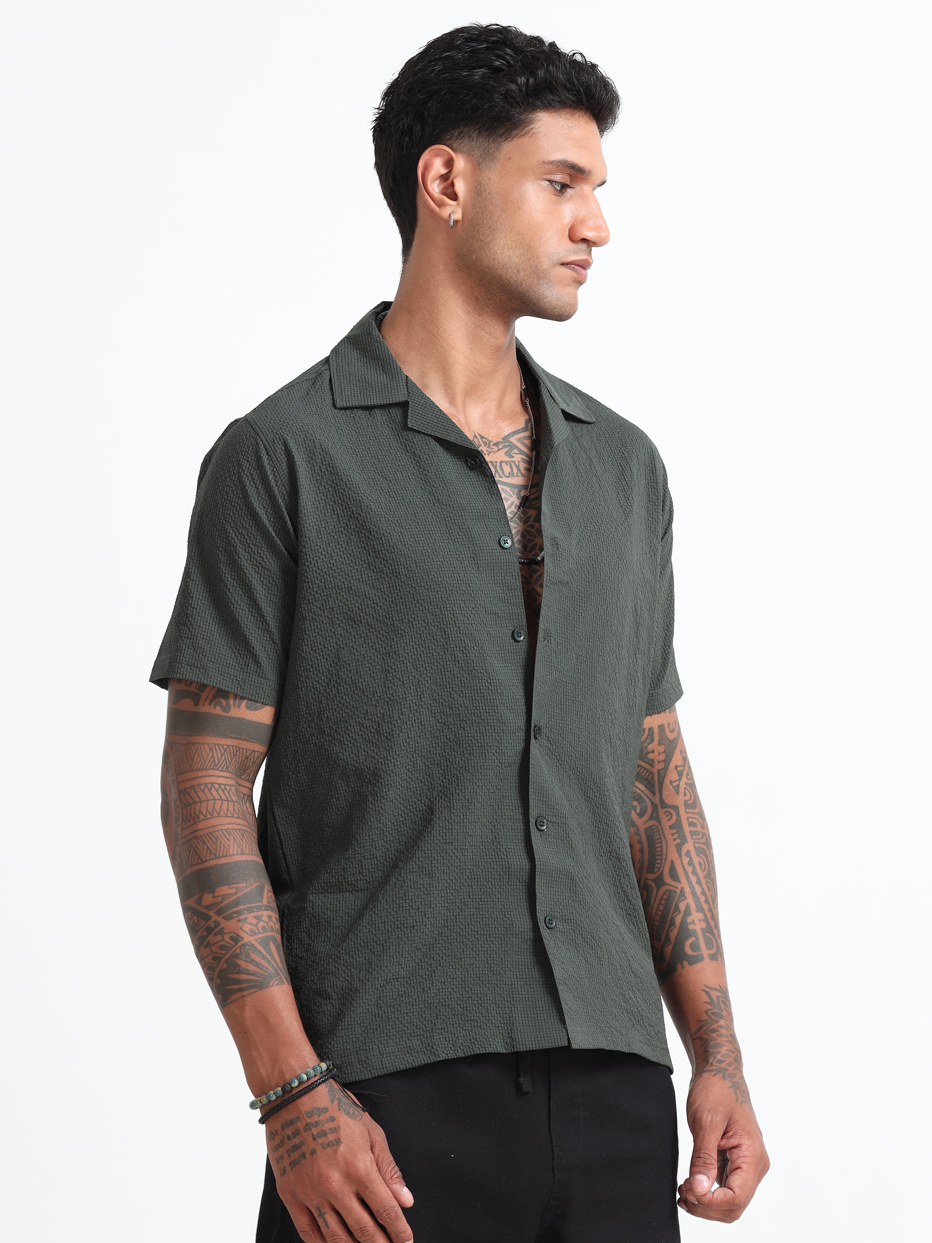 Bottle-Green Cuban Collar Men's Shirt - Half Sleeves, Cotton Blend, Regular Fit