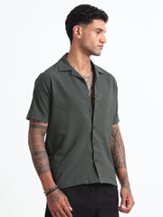 Bottle-Green Cuban Collar Men's Shirt - Half Sleeves, Cotton Blend, Regular Fit