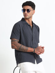 Dark Grey Cuban Collar Men's Shirt - Half Sleeve Cotton Blend Regular Fit