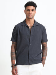 Dark Grey Cuban Collar Men's Shirt - Half Sleeve Cotton Blend Regular Fit