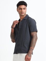 Dark Grey Cuban Collar Men's Shirt - Half Sleeve Cotton Blend Regular Fit