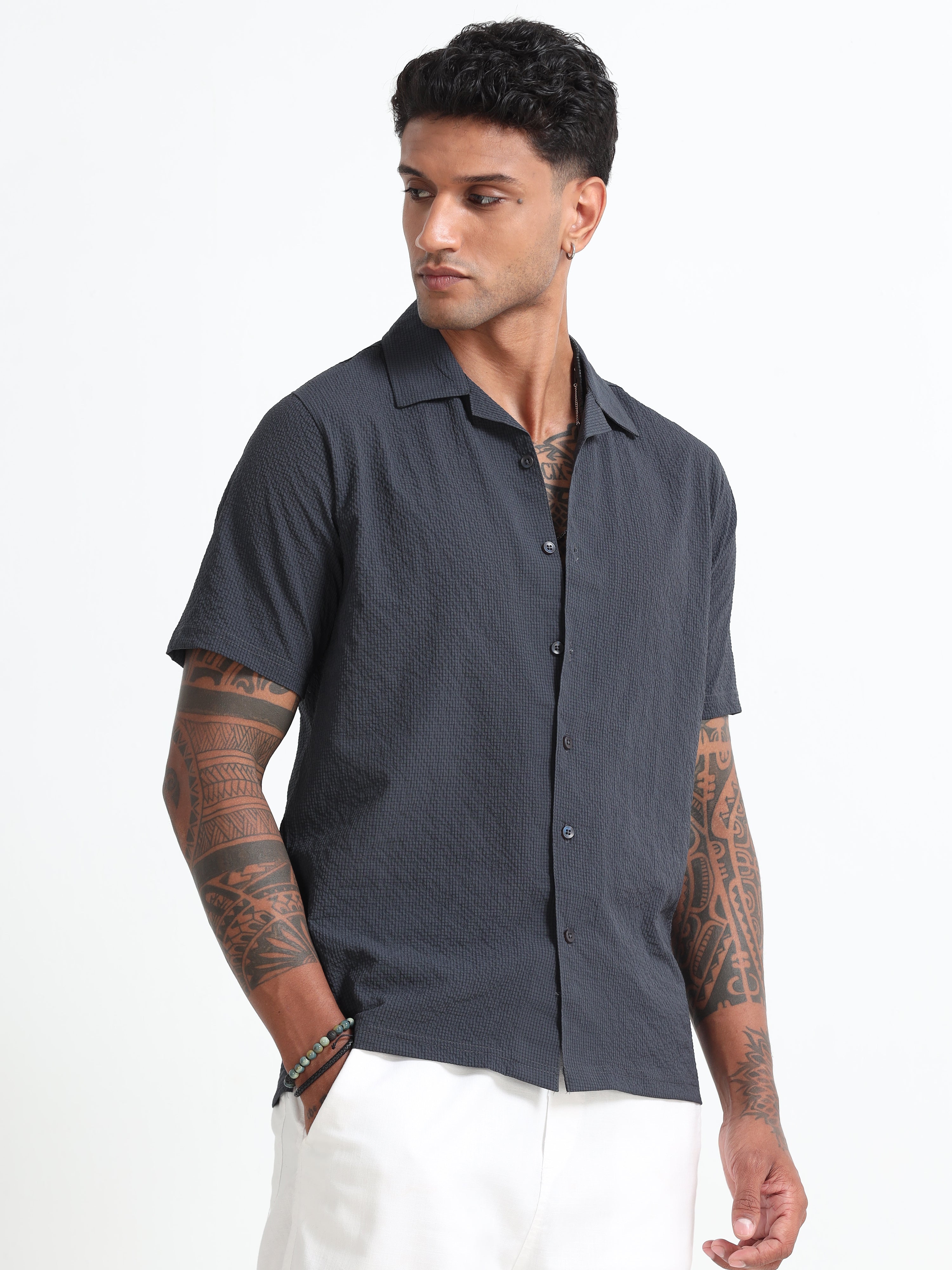Dark Grey Cuban Collar Men's Shirt - Half Sleeve Cotton Blend Regular Fit