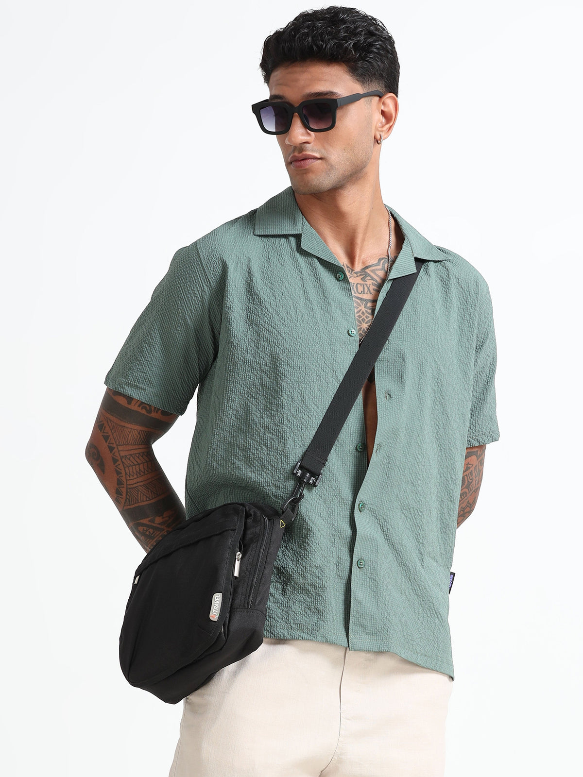 Stylish Green Cuban Collar Men's Shirt - Half Sleeves Cotton Blend