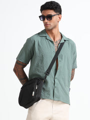 Stylish Green Cuban Collar Men's Shirt - Half Sleeves Cotton Blend