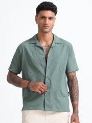 Stylish Green Cuban Collar Men's Shirt - Half Sleeves Cotton Blend