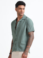 Stylish Green Cuban Collar Men's Shirt - Half Sleeves Cotton Blend