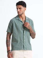 Stylish Green Cuban Collar Men's Shirt - Half Sleeves Cotton Blend