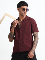 Maroon Cuban Collar Men's Regular Fit Half Sleeve Cotton Blend Shirt