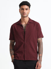 Maroon Cuban Collar Men's Regular Fit Half Sleeve Cotton Blend Shirt