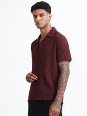 Maroon Cuban Collar Men's Regular Fit Half Sleeve Cotton Blend Shirt