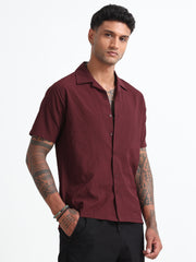 Maroon Cuban Collar Men's Regular Fit Half Sleeve Cotton Blend Shirt