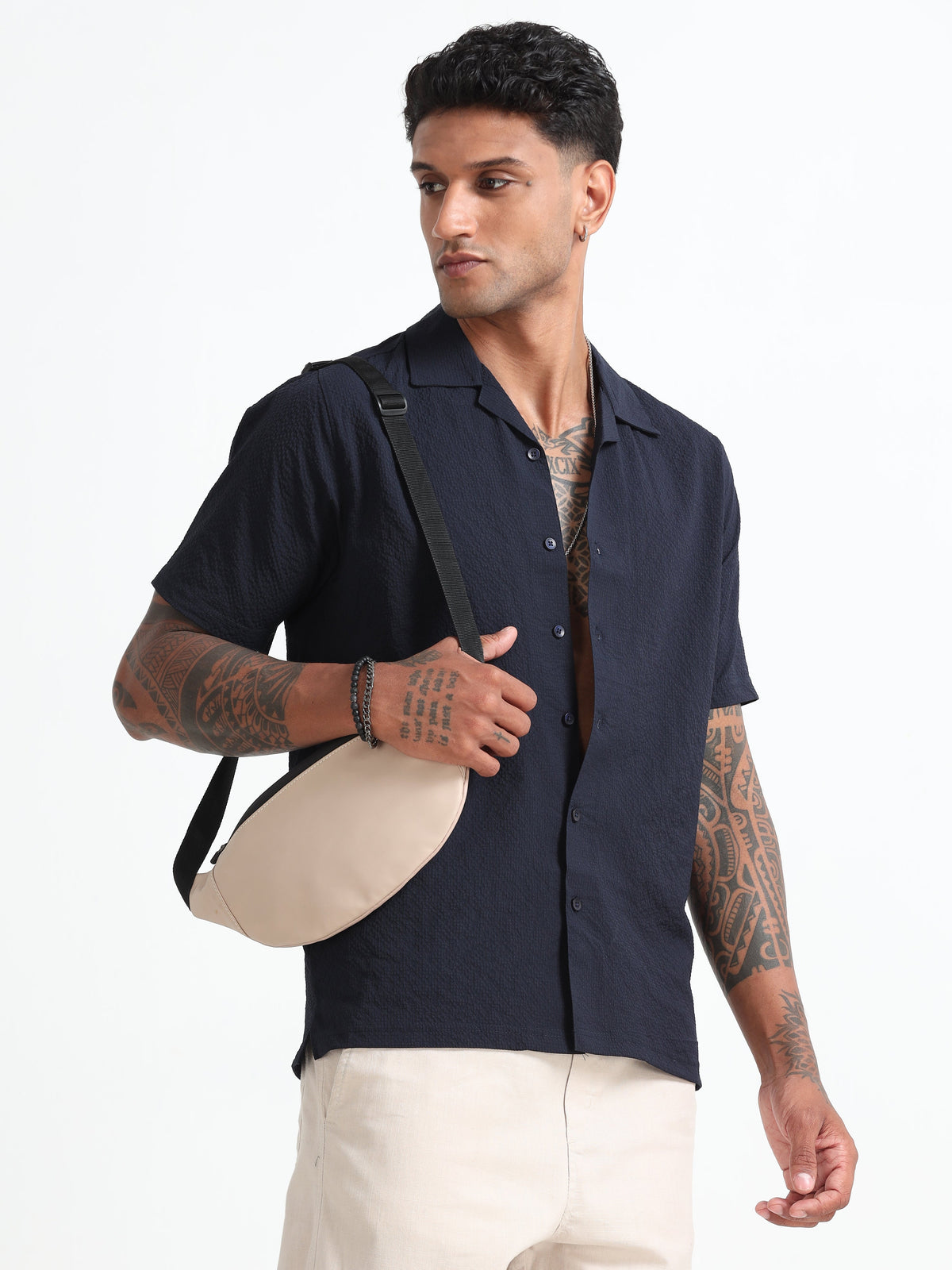 Navy-Blue Cuban Collar Men's Regular Shirt - Half Sleeves Cotton Blend