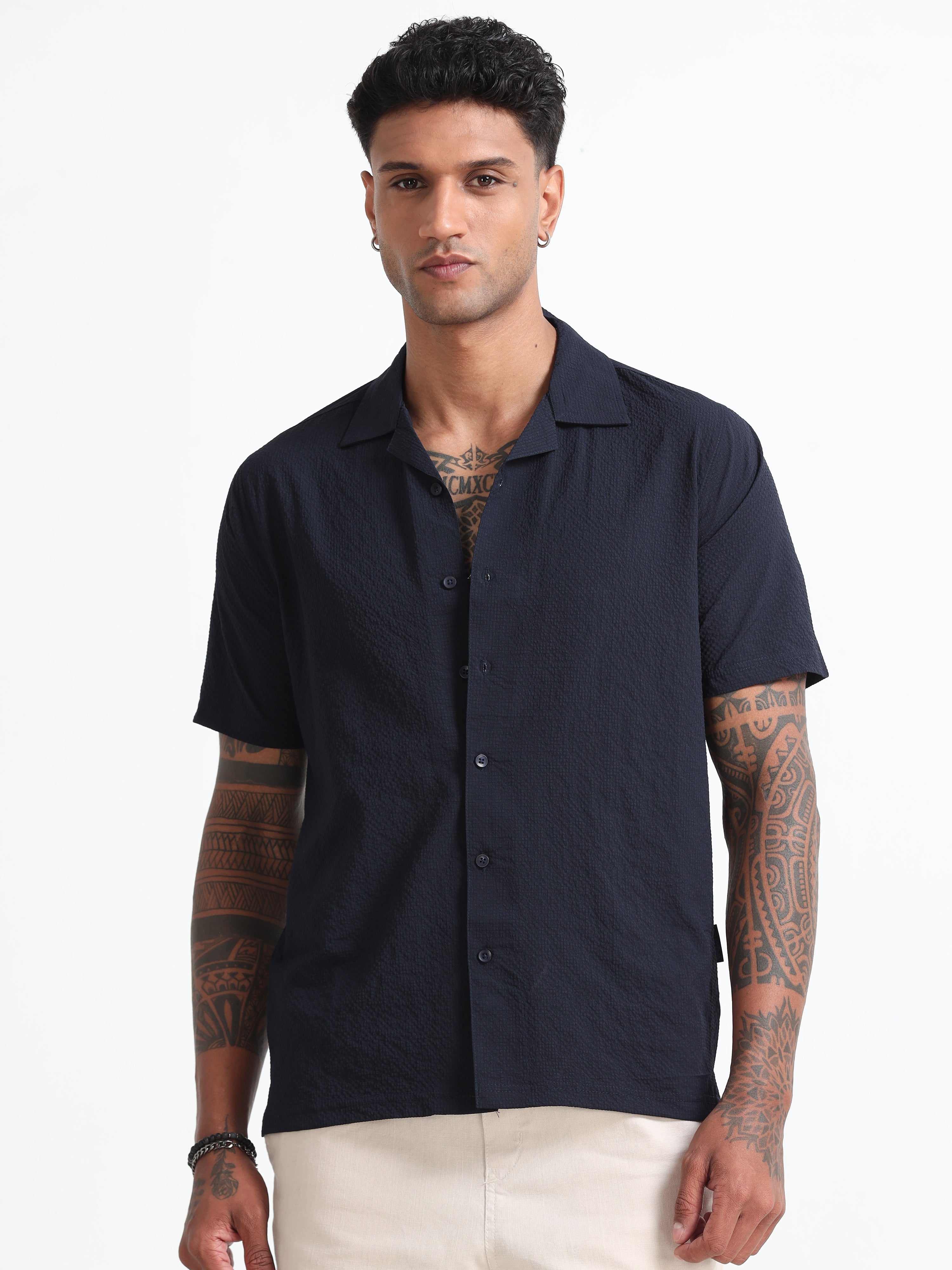 Navy-Blue Cuban Collar Men's Regular Shirt - Half Sleeves Cotton Blend