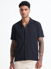 Navy-Blue Cuban Collar Men's Regular Shirt - Half Sleeves Cotton Blend