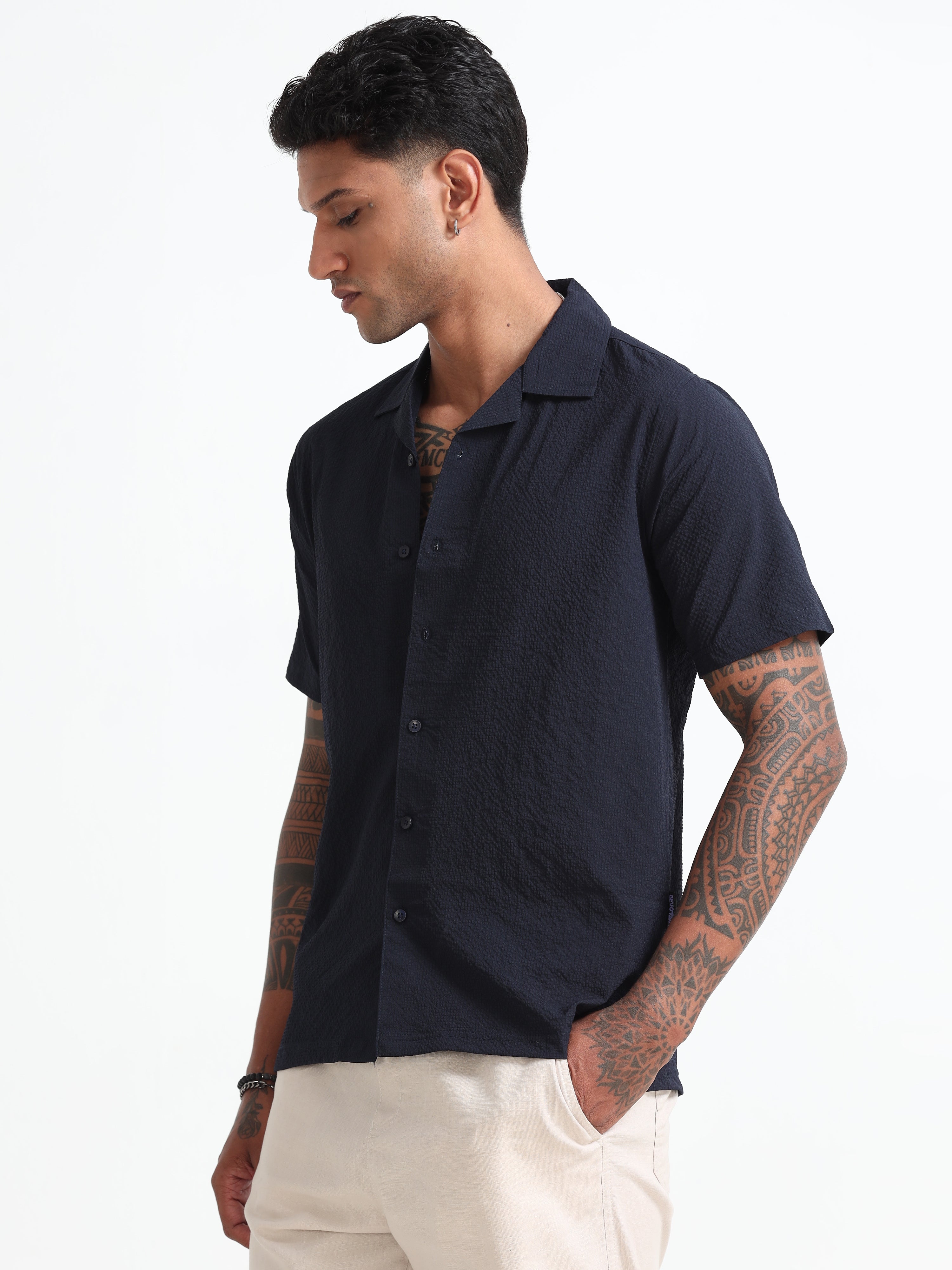 Navy-Blue Cuban Collar Men's Regular Shirt - Half Sleeves Cotton Blend