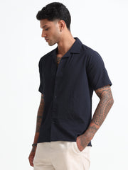 Navy-Blue Cuban Collar Men's Regular Shirt - Half Sleeves Cotton Blend