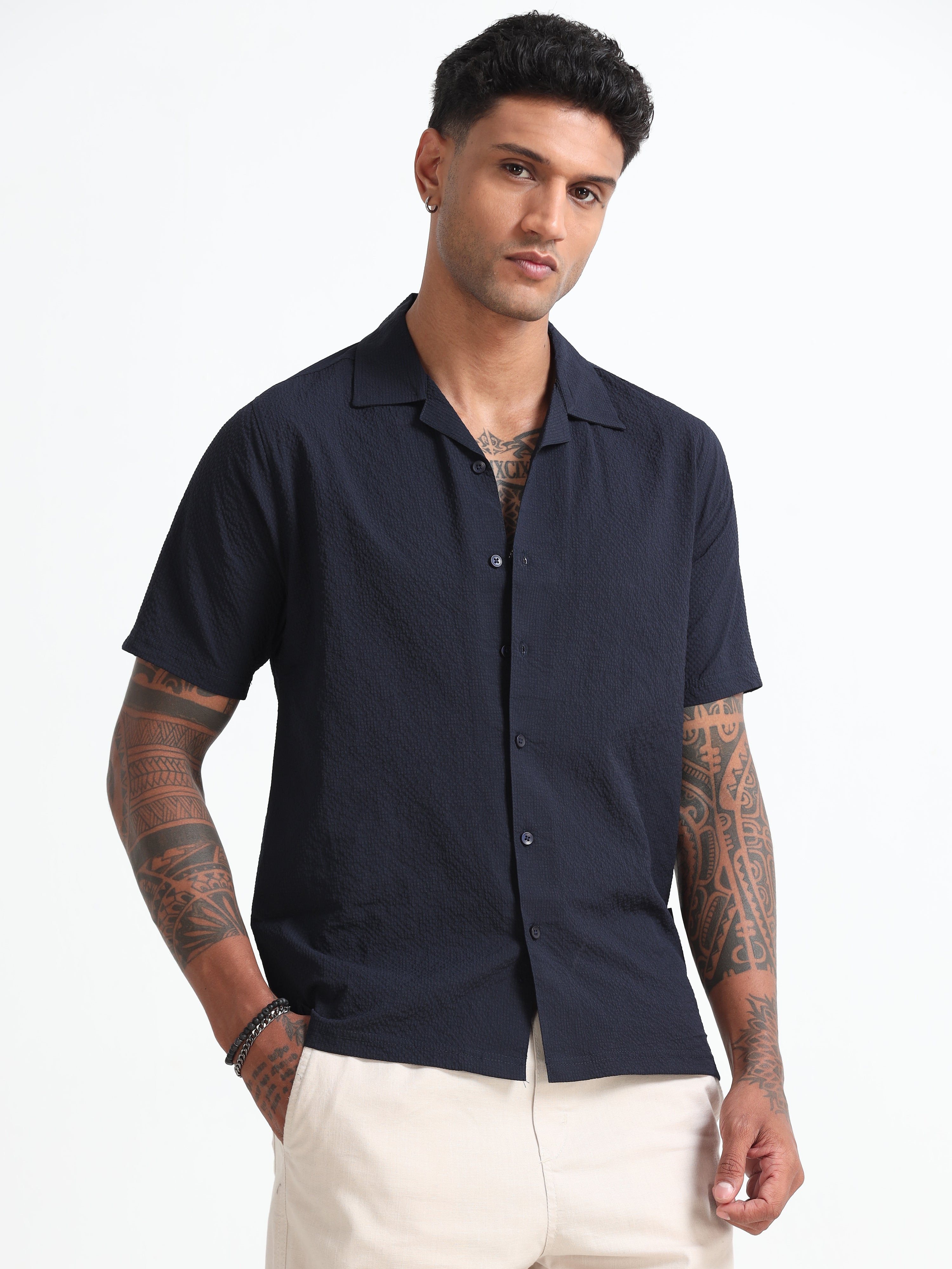 Navy-Blue Cuban Collar Men's Regular Shirt - Half Sleeves Cotton Blend