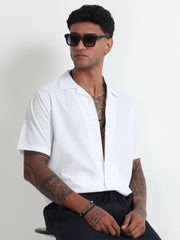 Men's White Cuban Collar Half Sleeve Cotton Blend Regular Shirt