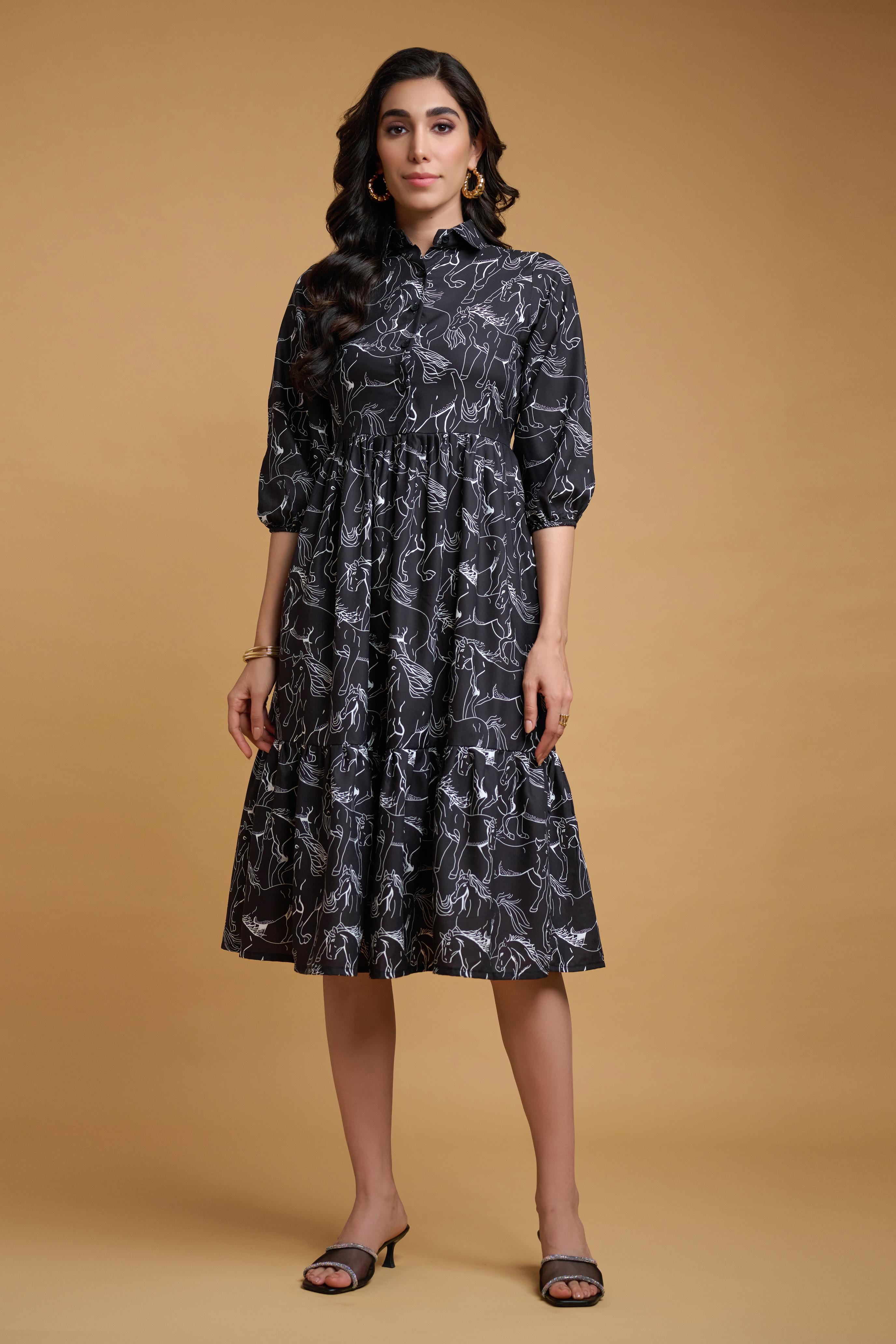 Black Poly Rayon Animal Print Elastic Gathered Dress