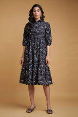 Black Poly Rayon Animal Print Elastic Gathered Dress