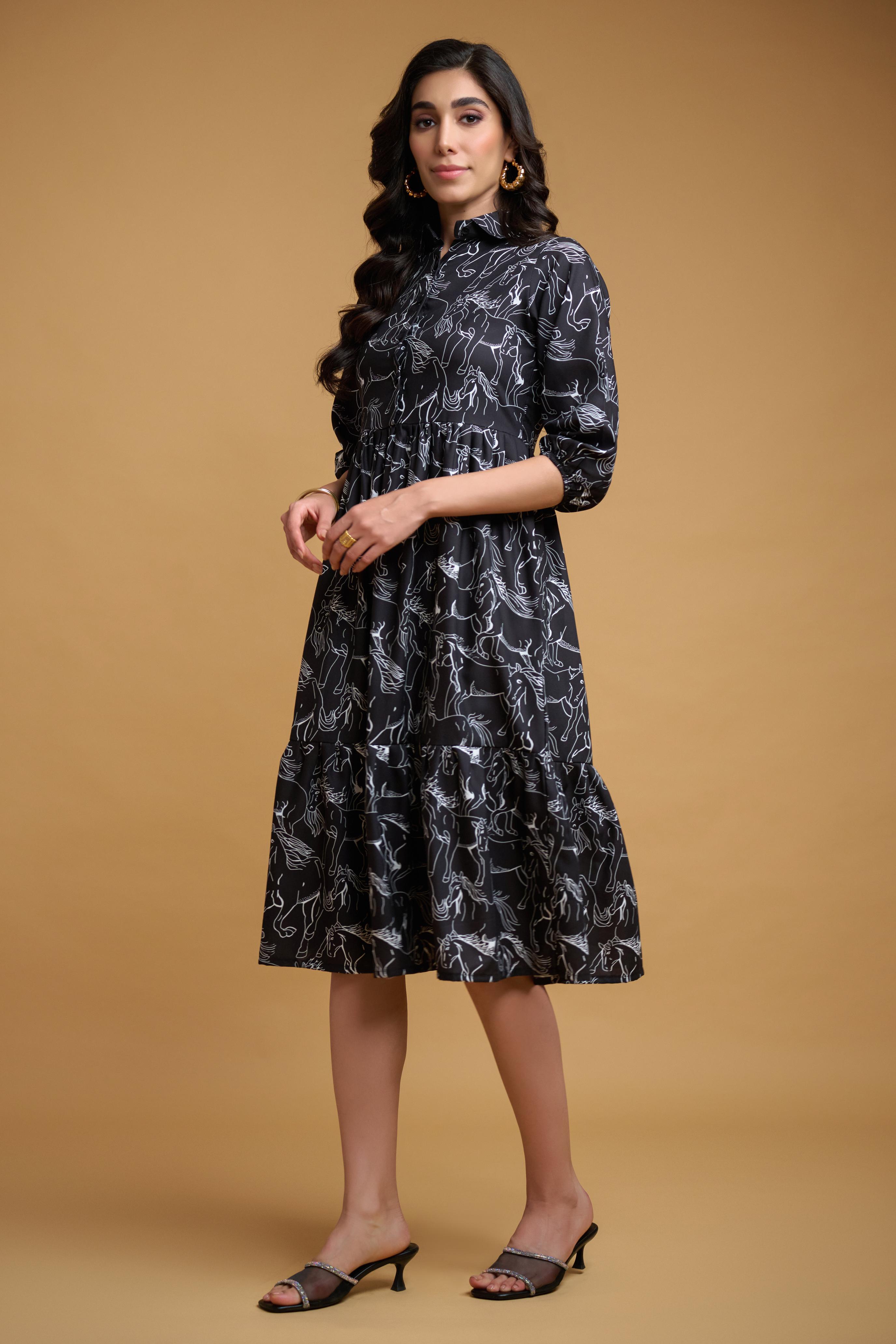 Black Poly Rayon Animal Print Elastic Gathered Dress