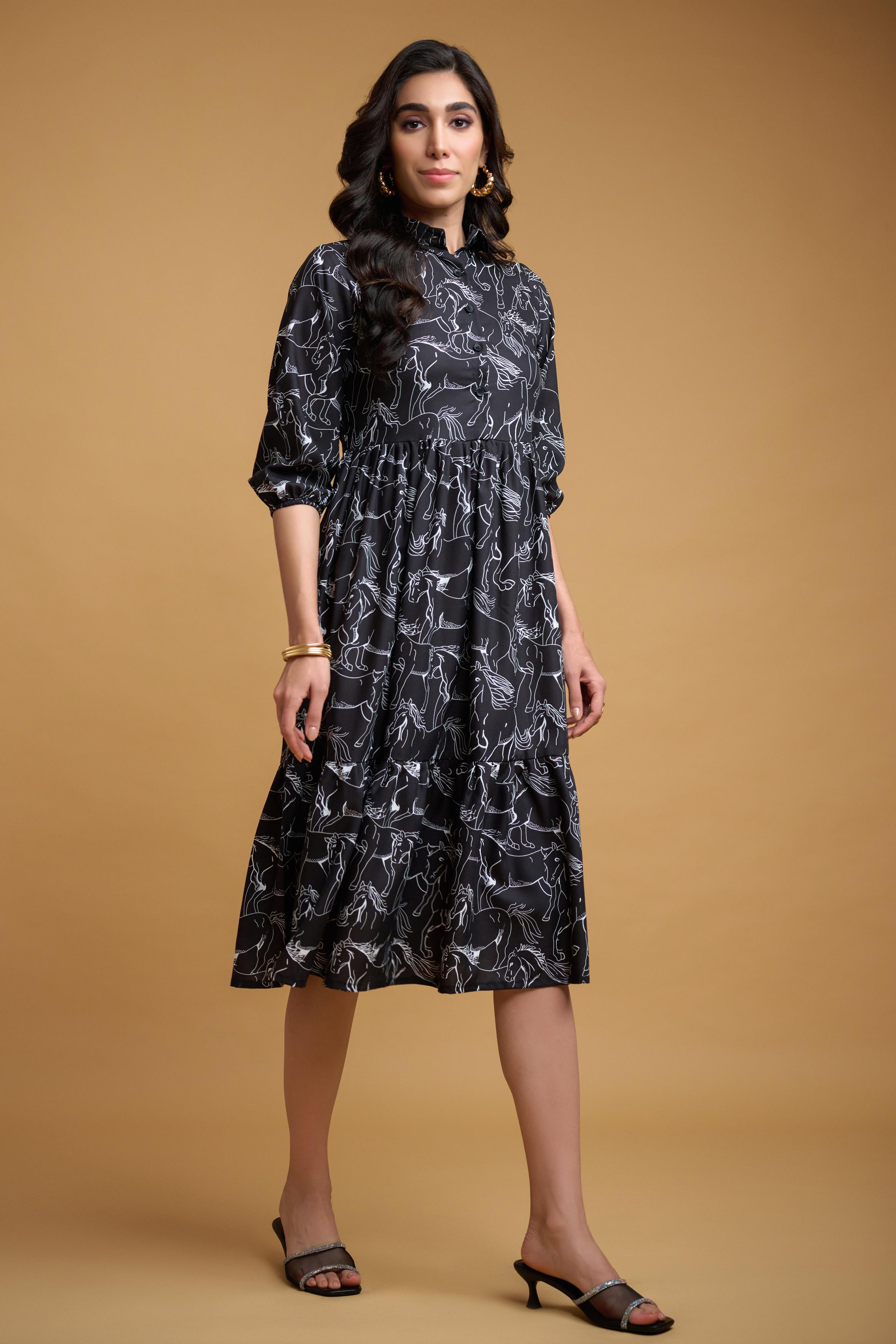 Black Poly Rayon Animal Print Elastic Gathered Dress