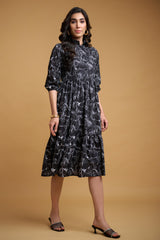 Black Poly Rayon Animal Print Elastic Gathered Dress