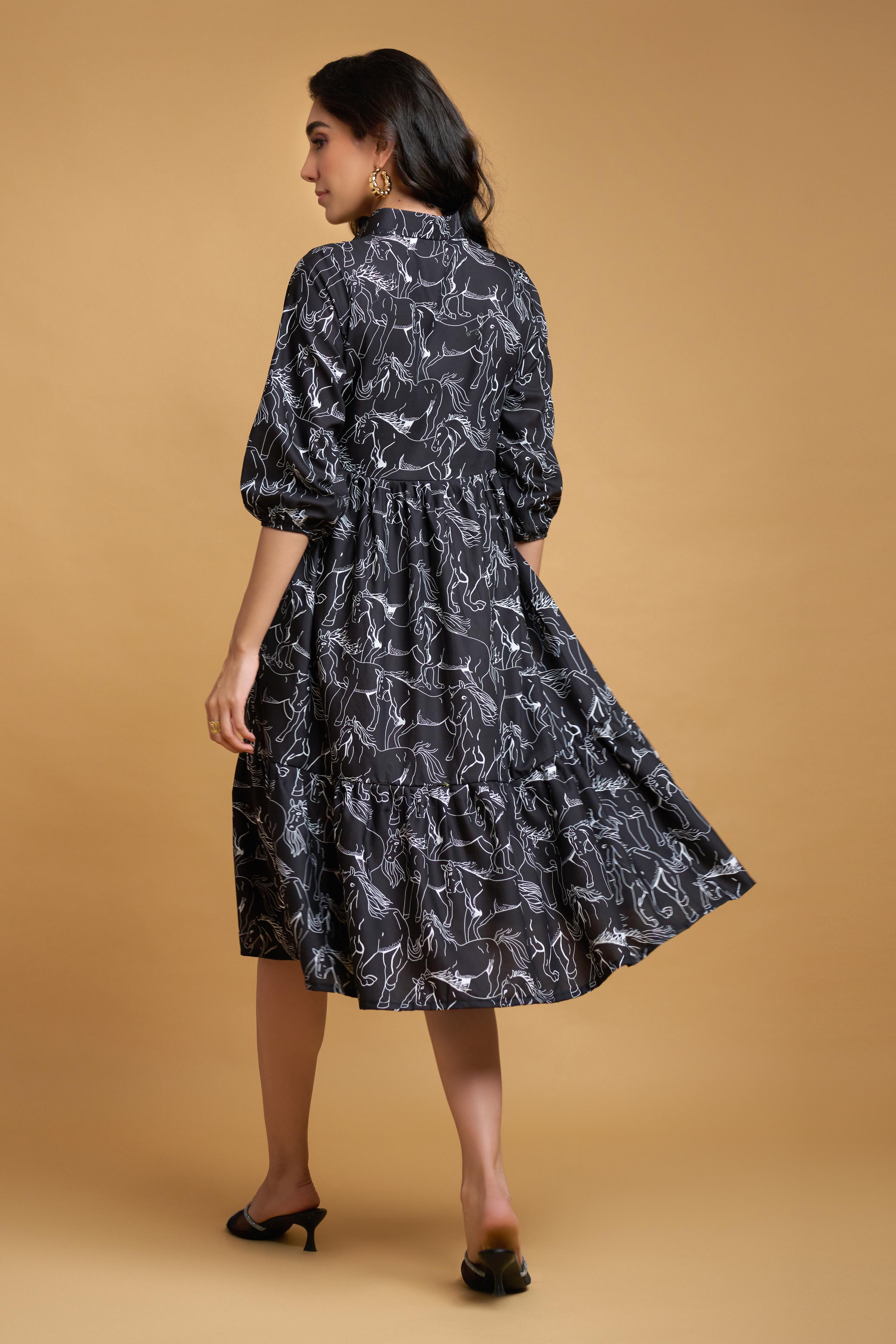 Black Poly Rayon Animal Print Elastic Gathered Dress