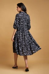 Black Poly Rayon Animal Print Elastic Gathered Dress