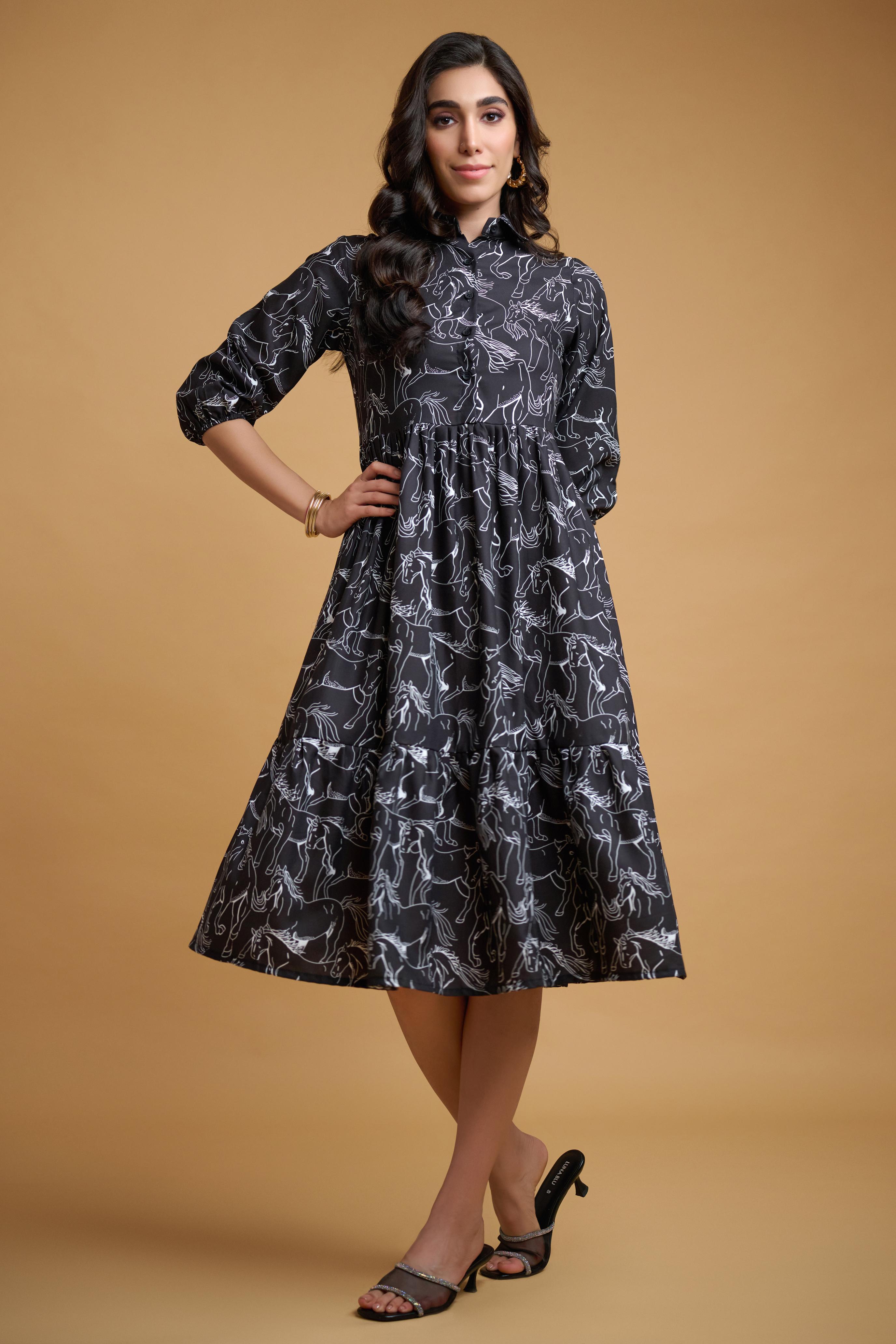 Black Poly Rayon Animal Print Elastic Gathered Dress