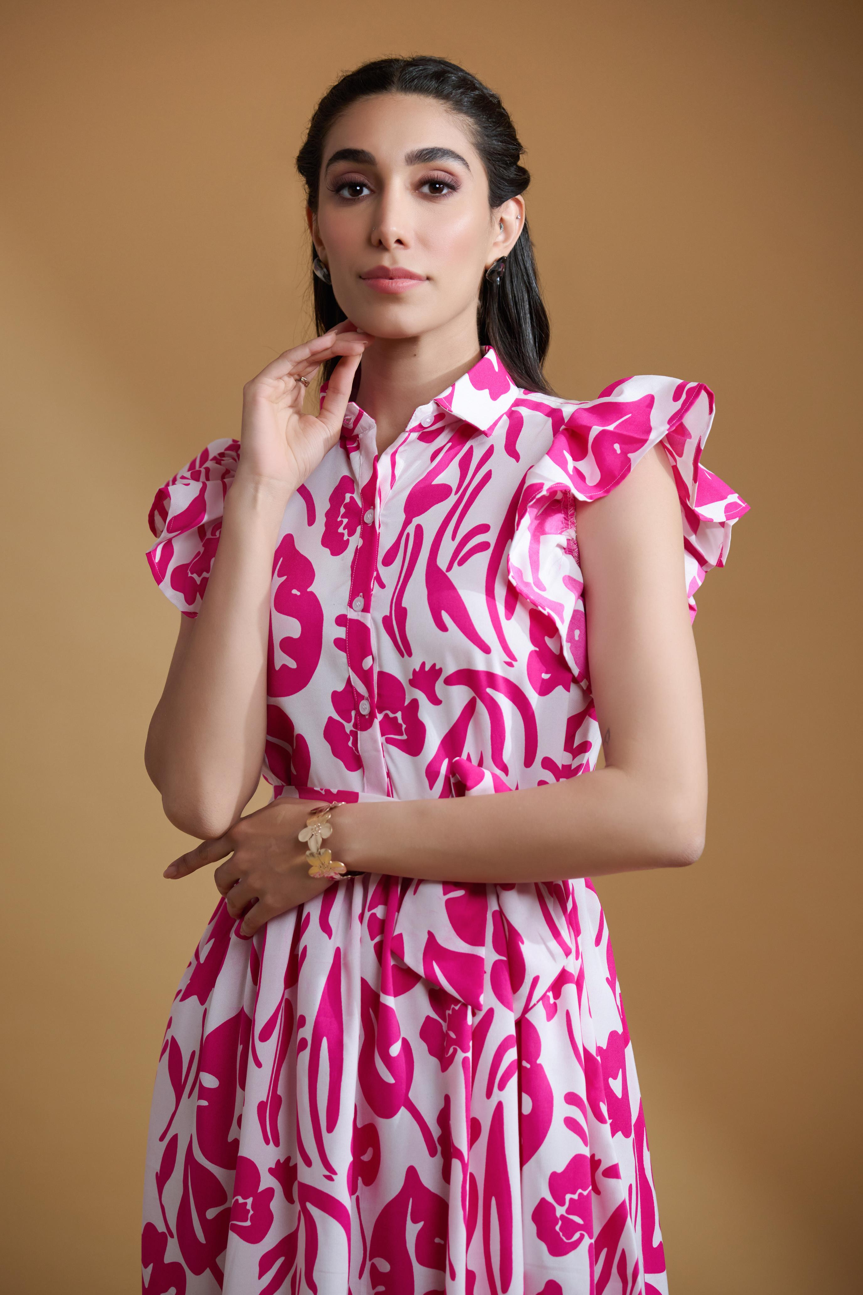 Pink Poly Rayon Leaf Print Ruffle Sleeve Dress