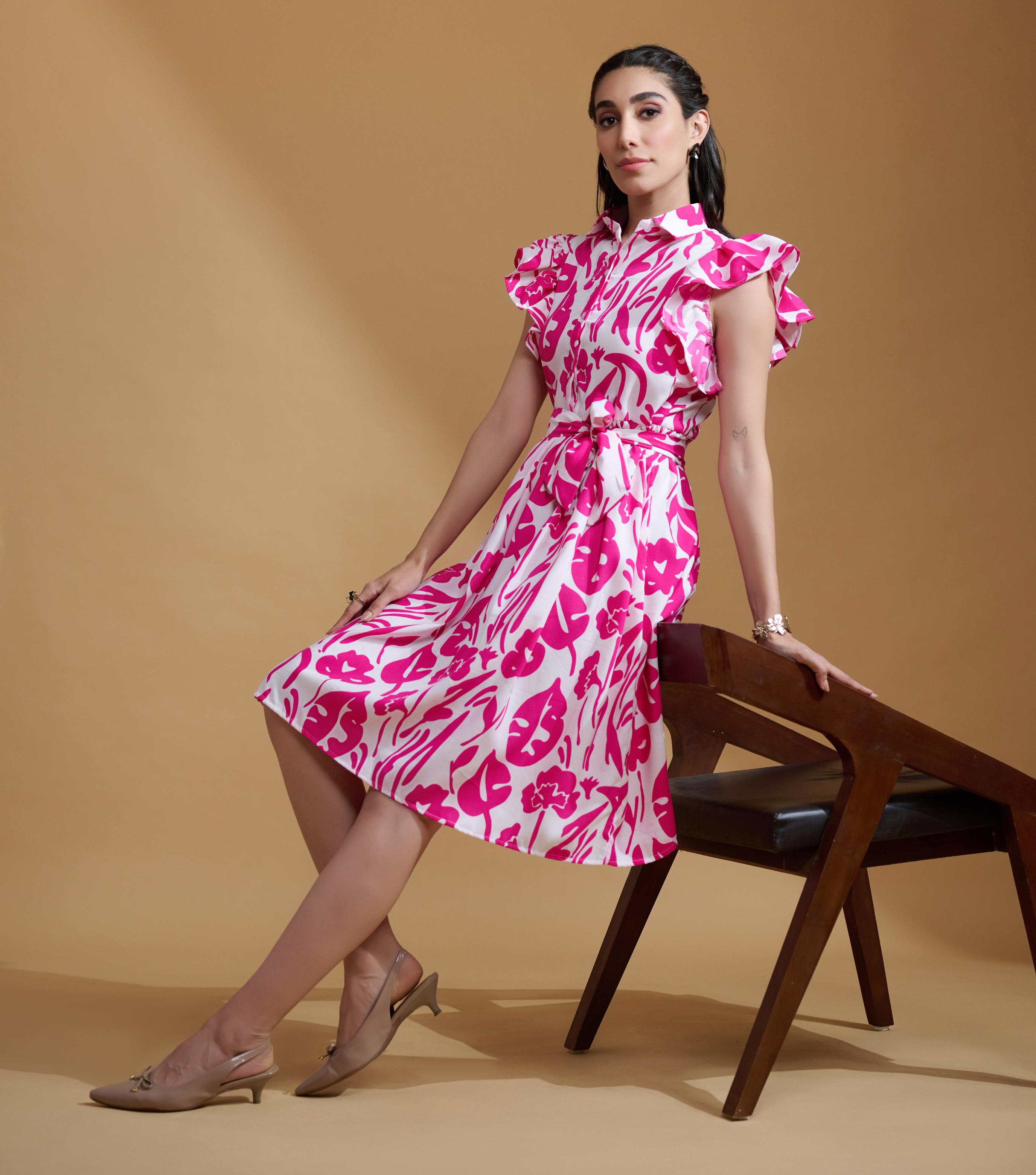 Pink Poly Rayon Leaf Print Ruffle Sleeve Dress