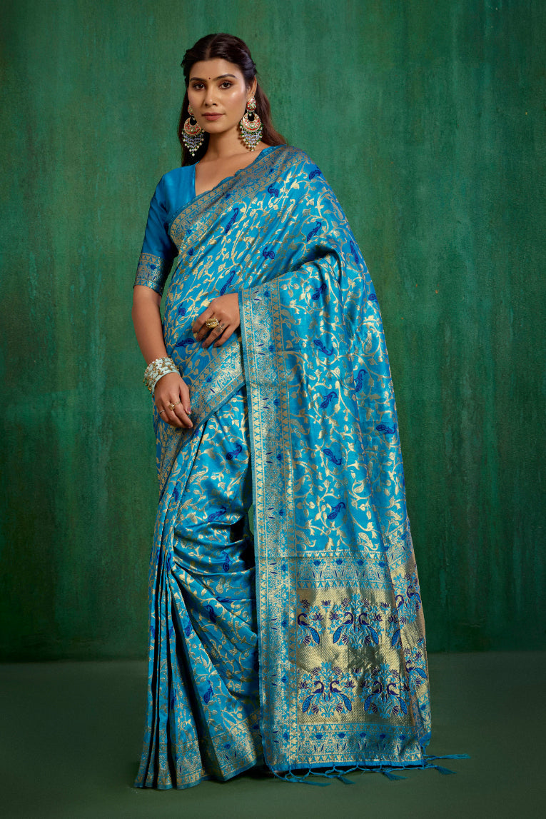Shop Elegant Turquoise Banarasi Art Silk Woven Ready to Wear Saree Online - Best Prices
