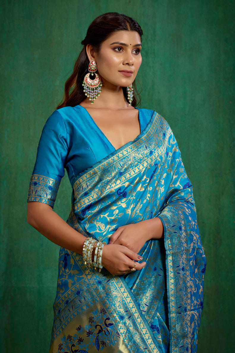 Shop Elegant Turquoise Banarasi Art Silk Woven Ready to Wear Saree Online - Best Prices