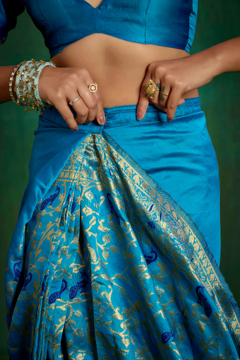 Shop Elegant Turquoise Banarasi Art Silk Woven Ready to Wear Saree Online - Best Prices