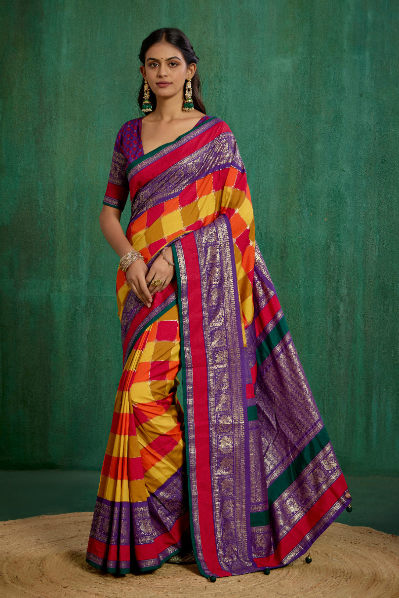 Shop Multi Elegant Tussar Silk Block Print Ready to Wear Sarees Online - Best Prices